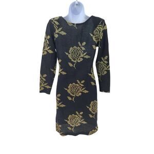 Blondie and Me Vintage 80's knit metallic detail black & gold floral dress Small